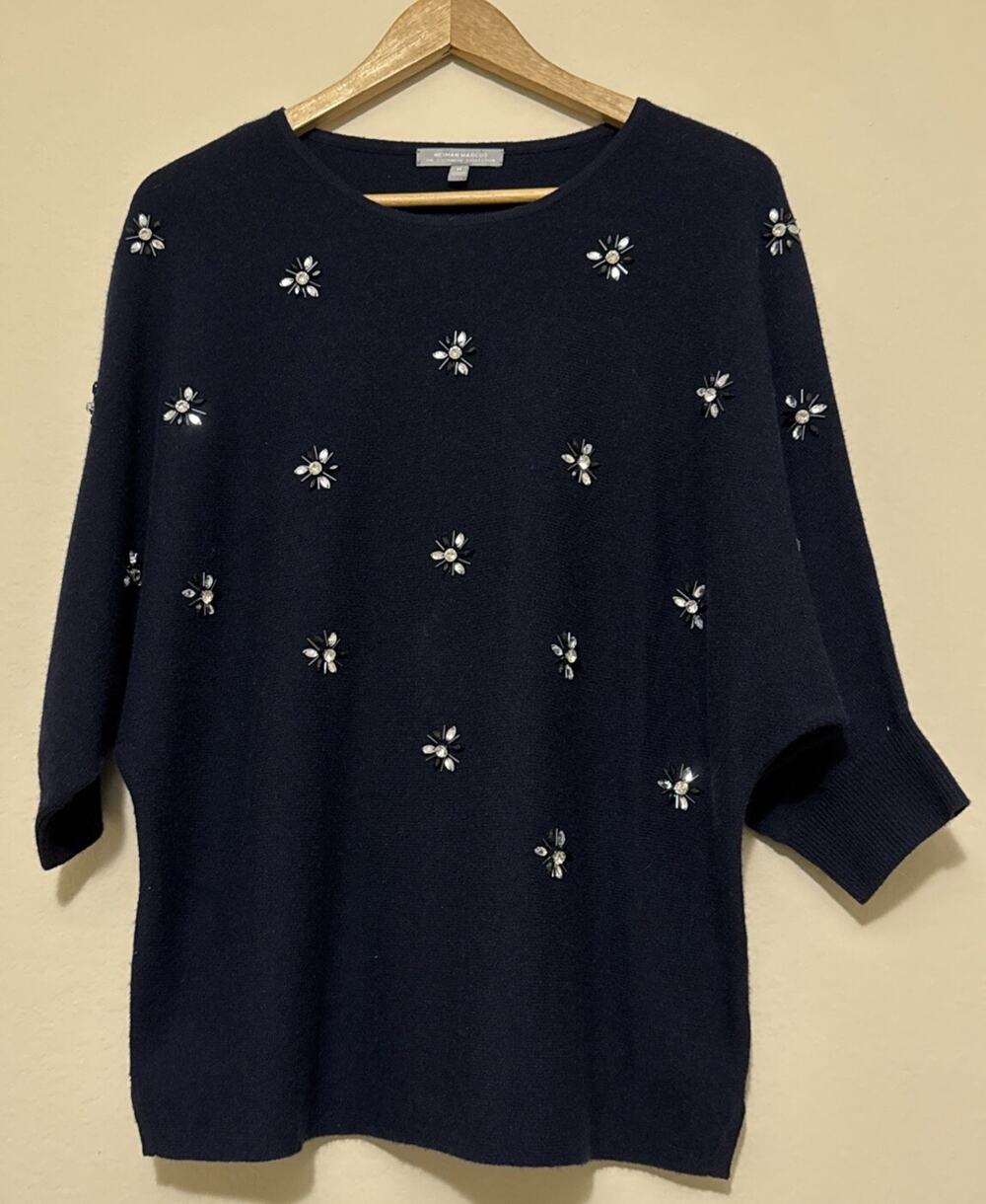 Neiman Marcus Black 100% Cashmere Sweater Top Womens Size M Beaded